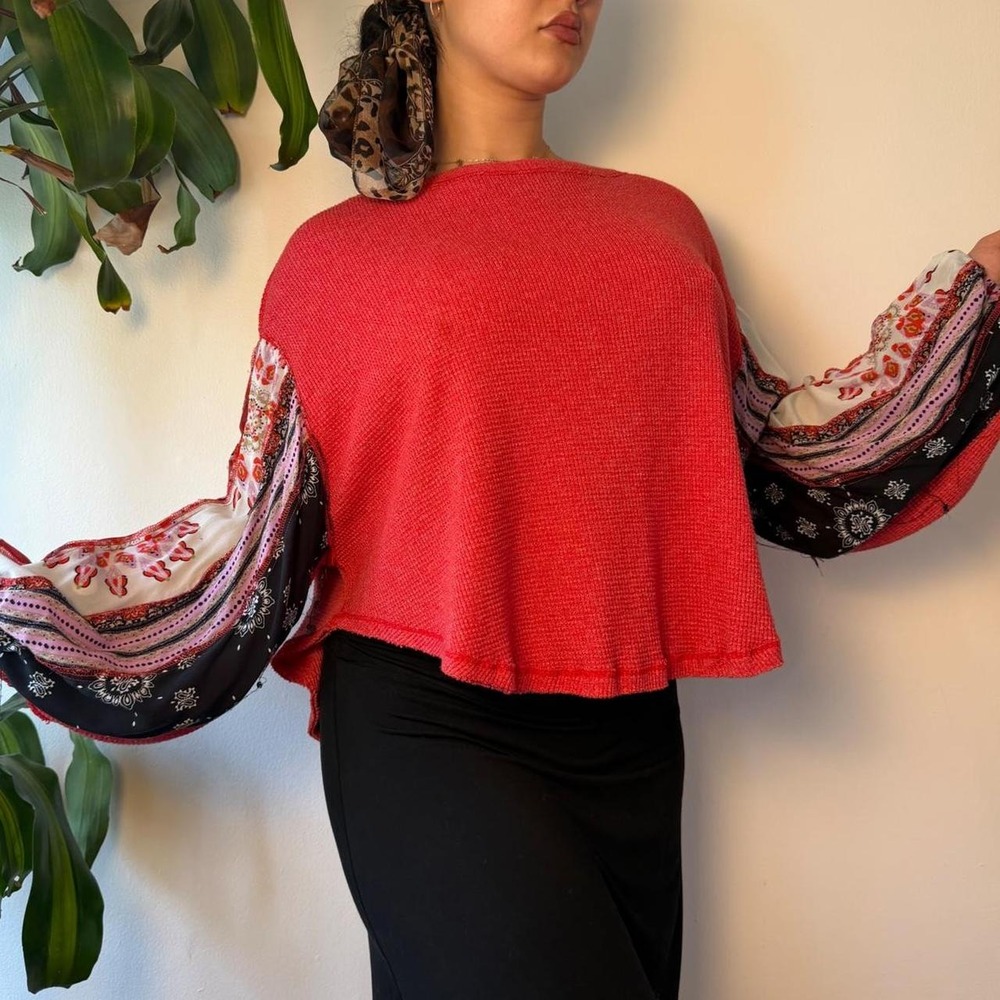 Free People We The Free Red Coral Boho Patchwork Bell Sleeve Oversized Blouse S